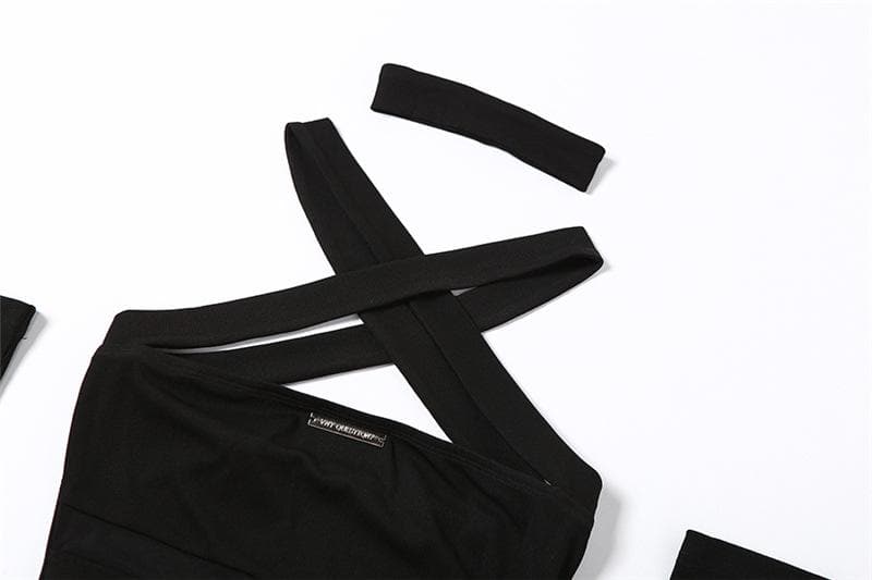 Off Shoulder Cross Strap Mesh Panel Logo Plate Glove Sleeve Mini Dress