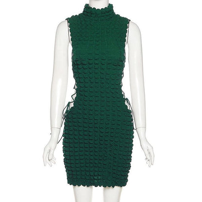 Mock Neck Sleeveless Popcorn Knit Side Lace-Up Cutout Mini Dress