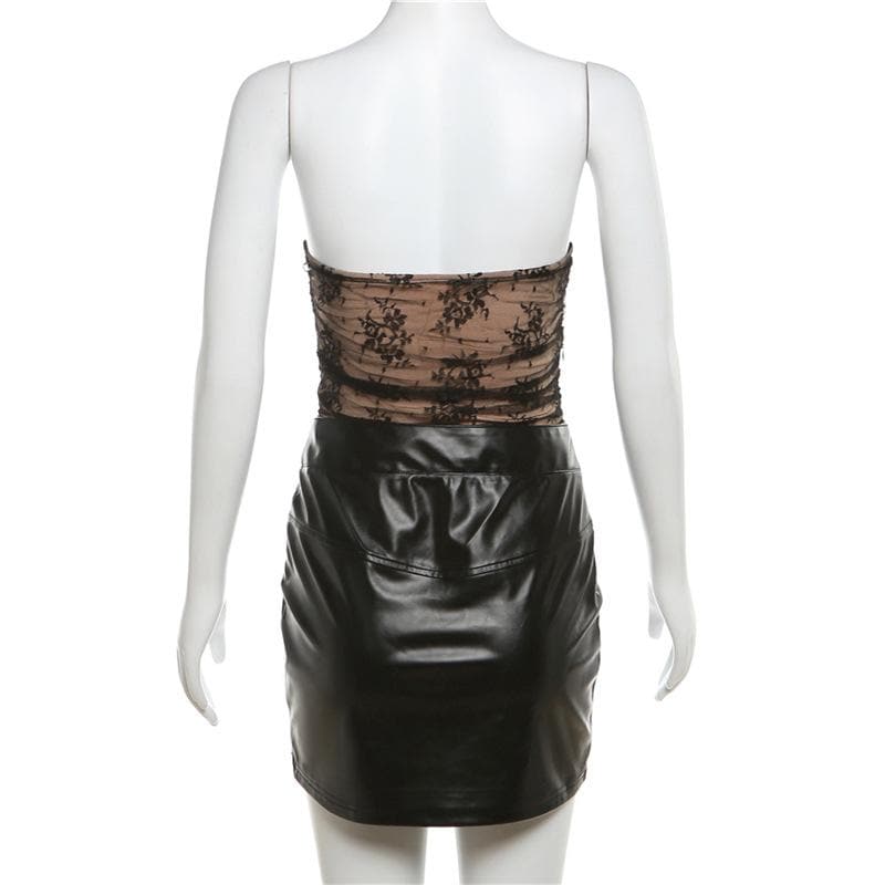 Floral Lace Corset Bustier PU Leather Crossover Pocket Bodycon Mini Dress