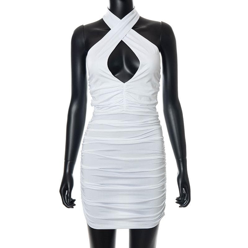 Crisscross Halter V-Neck Keyhole Chest Cutout Ruched Bodycon Mini Dress