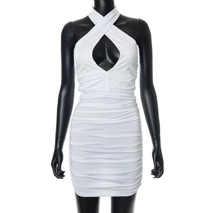 Crisscross Halter V-Neck Keyhole Chest Cutout Ruched Bodycon Mini Dress