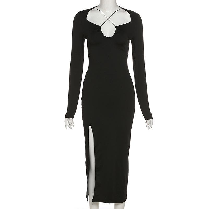 Square Neck Criss Cross Strap Cutout Long Sleeve Side Slit Maxi Dress