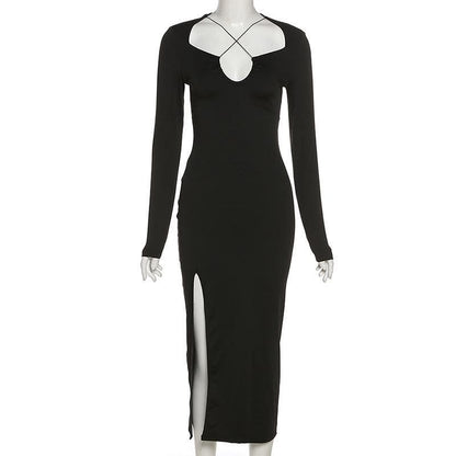 Square Neck Criss Cross Strap Cutout Long Sleeve Side Slit Maxi Dress