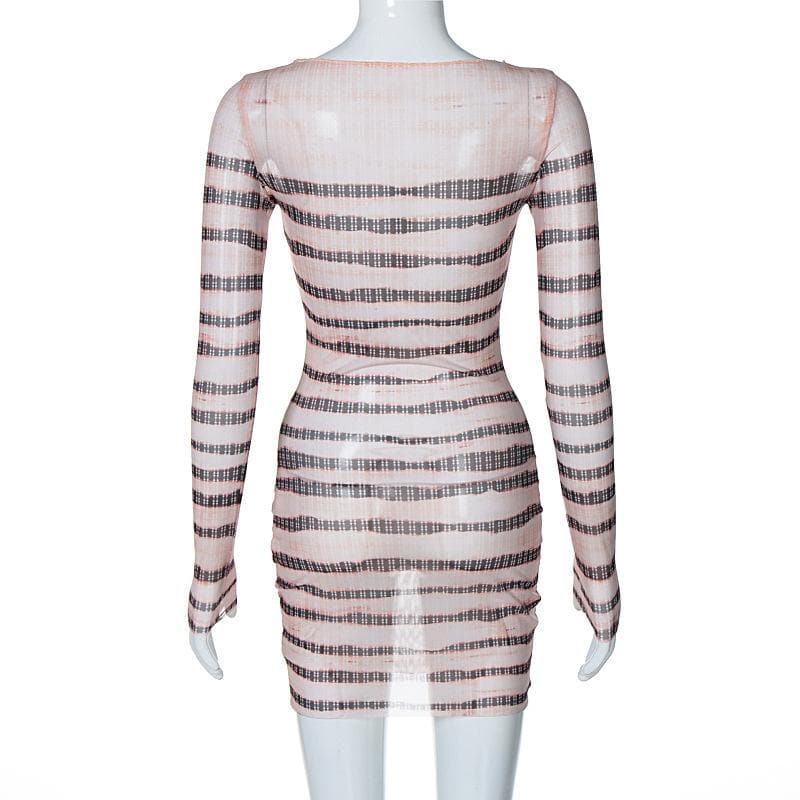 Striped Sheer Mesh Crew Neck Long Sleeve Bodycon Mini Dress