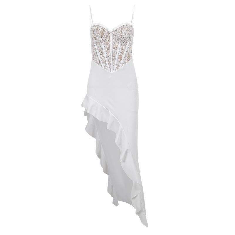 Lace Corset Sweetheart Neck Ruched Ruffle Slit Maxi Dress
