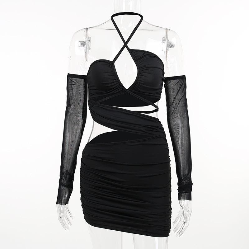 Ruched Cross Front Halter Hollow Out Long Sleeve Mesh Mini Dress Set