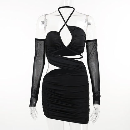 Ruched Cross Front Halter Hollow Out Long Sleeve Mesh Mini Dress Set