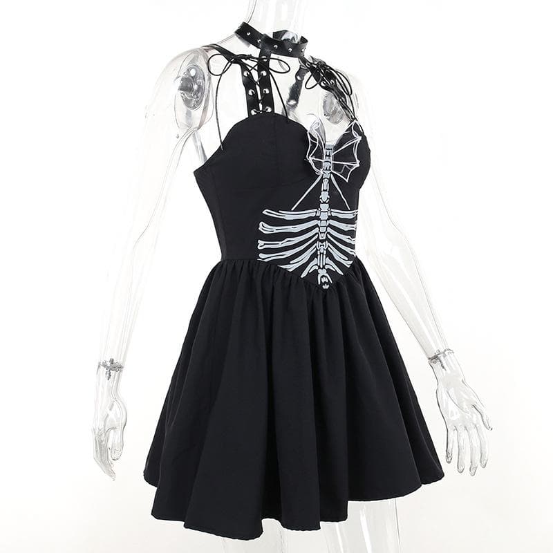 Skeleton Print Studded Choker Halter Grommet Strap Skater Mini Dress