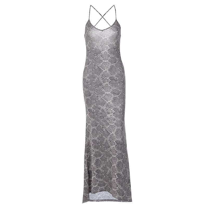 Snakeskin Print Spaghetti Strap Cross Back Deep V Neck Maxi Dress