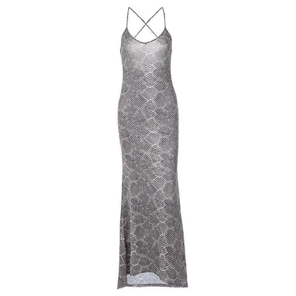 Snakeskin Print Spaghetti Strap Cross Back Deep V Neck Maxi Dress