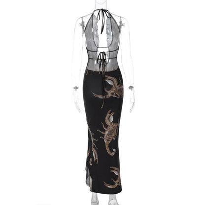 Scorpion Print Plunge Halter Ruffle Trim High Slit Maxi Dress
