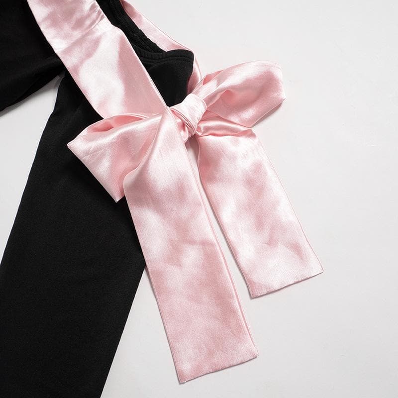 Off Shoulder Satin Ribbon Bow Thumbhole Long Sleeve Mini Dress
