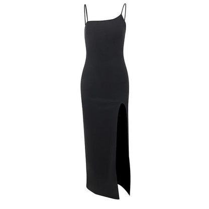 Zip Front Asymmetric Spaghetti Strap Side Slit Bodycon Midi Dress