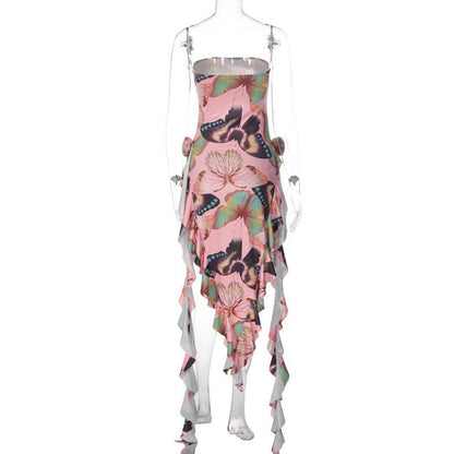 Butterfly Print Ruffle Ribbon Flower Applique Backless Maxi Dress