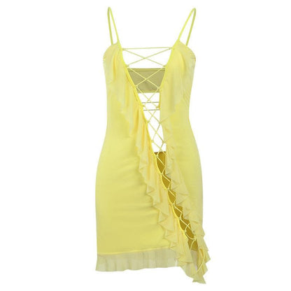 Halter Lace Up Ruffle Trim Asymmetric Hem Mini Dress