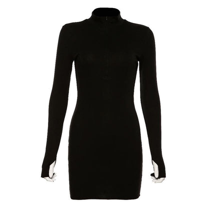 Mock Neck Quarter Zip Thumbhole Long Sleeve Bodycon Mini Dress