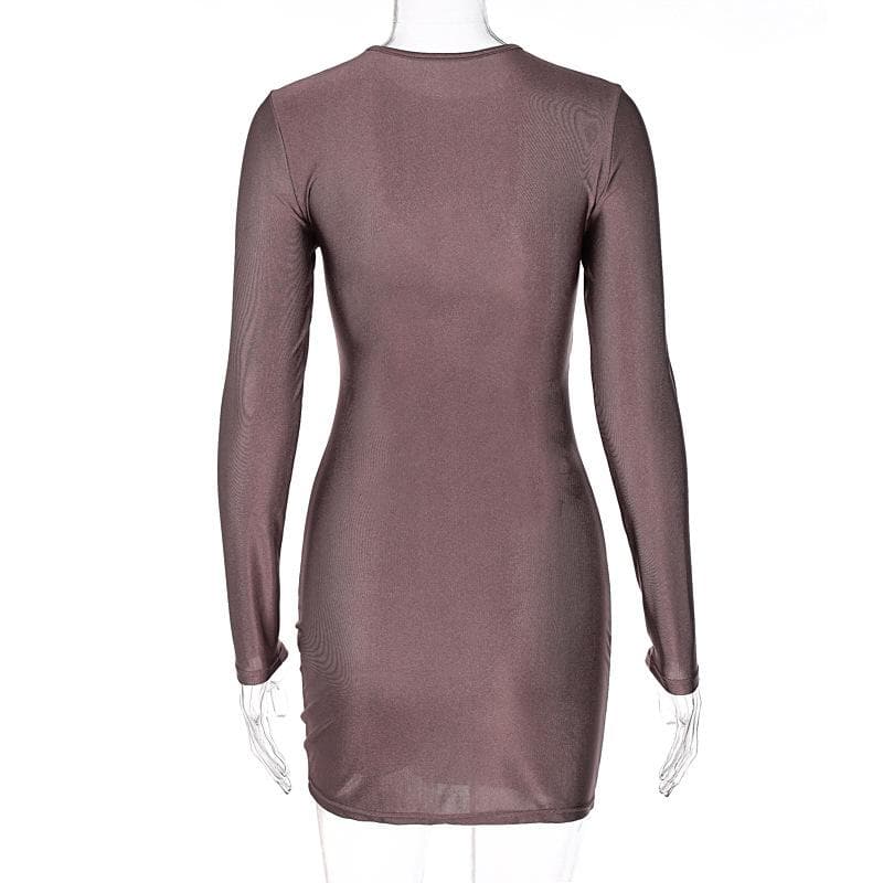 O-Ring Double Cutout Crew Neck Long Sleeve Ruched Bodycon Mini Dress