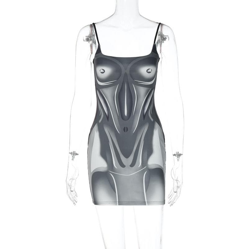 Square Neck Contour Print Spaghetti Strap Mini Dress