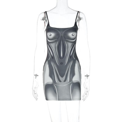 Square Neck Contour Print Spaghetti Strap Mini Dress
