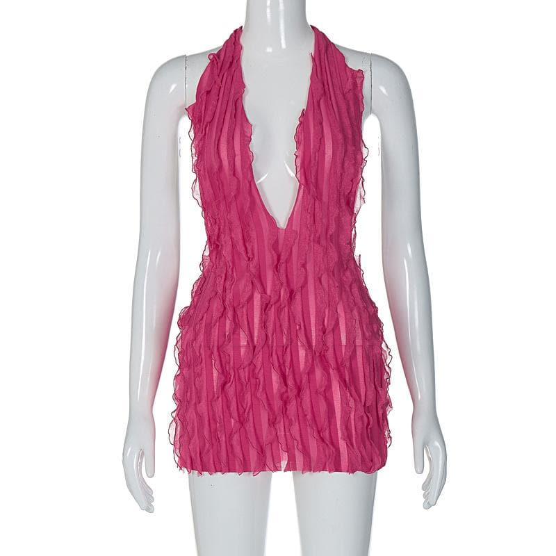 Halter Deep Plunge Vertical Ruffle Fringe Bodycon Mini Dress