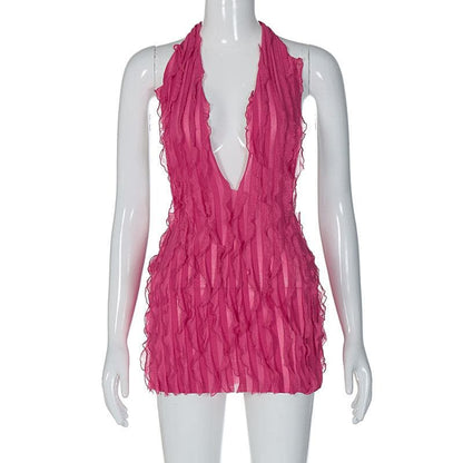 Halter Deep Plunge Vertical Ruffle Fringe Bodycon Mini Dress