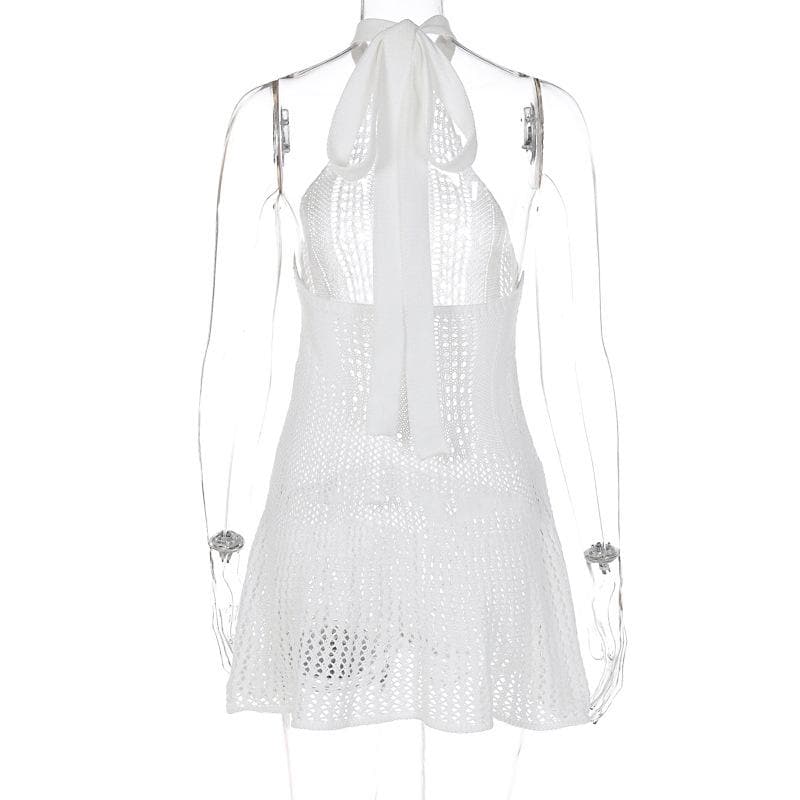 Crochet Halter Neck Open Knit Ruffle Hem Fit and Flare Mini Dress