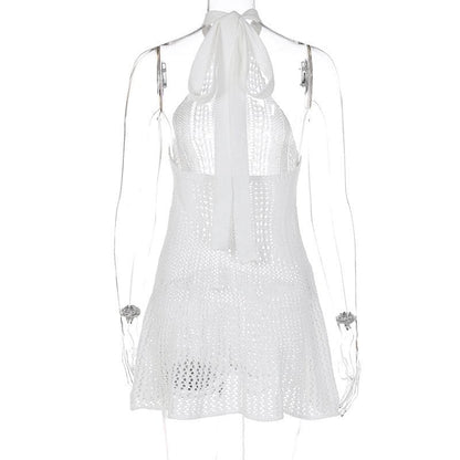 Crochet Halter Neck Open Knit Ruffle Hem Fit and Flare Mini Dress