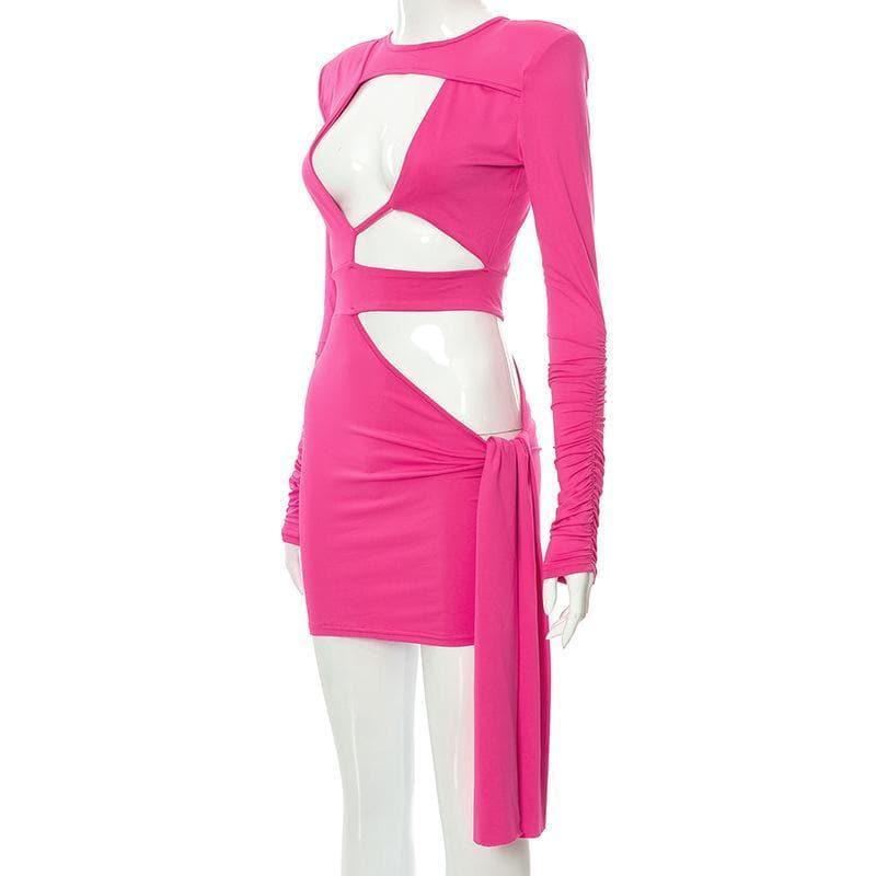 Crew Neck Padded Shoulder Multi Cutout Drape Panel Mini Dress
