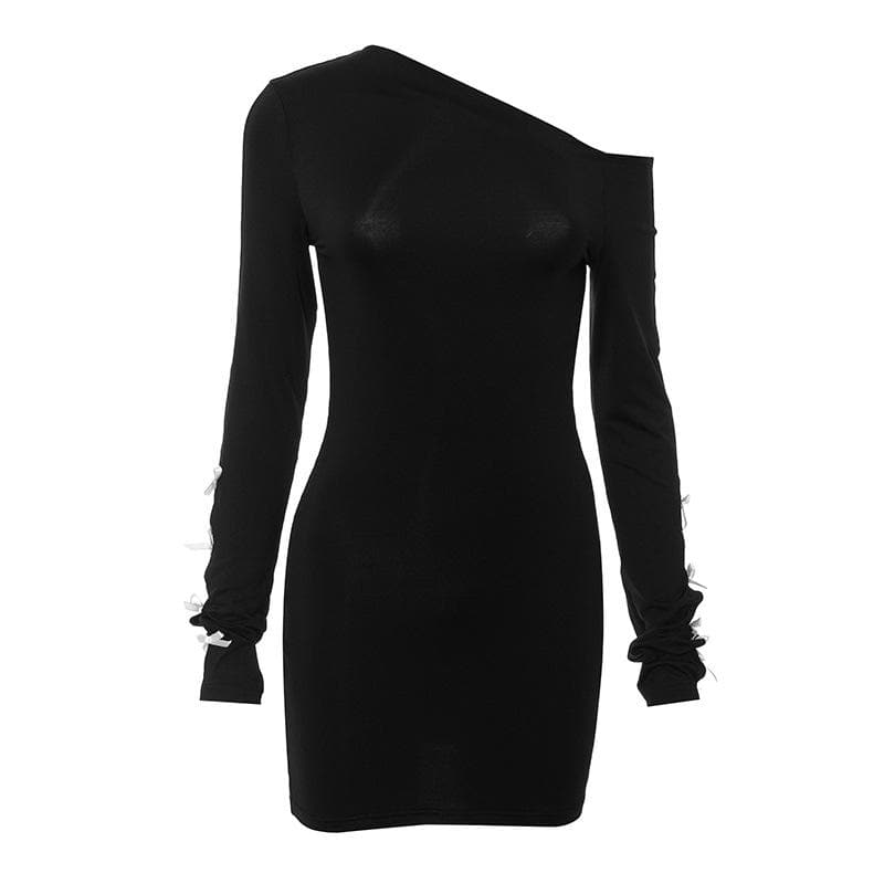 One Shoulder Bow Tie Slit Sleeve Long Sleeve Hollow Out Mini Dress
