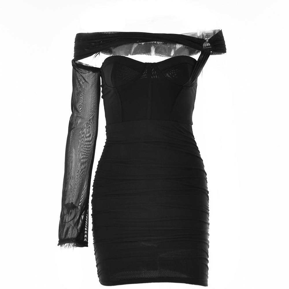 One Shoulder O Ring Hollow Out Mesh Backless Bodycon Mini Dress