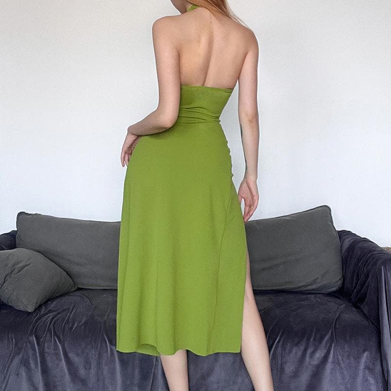 Halter Deep V Ruched Wrap High Side Slit Layered Maxi Dress