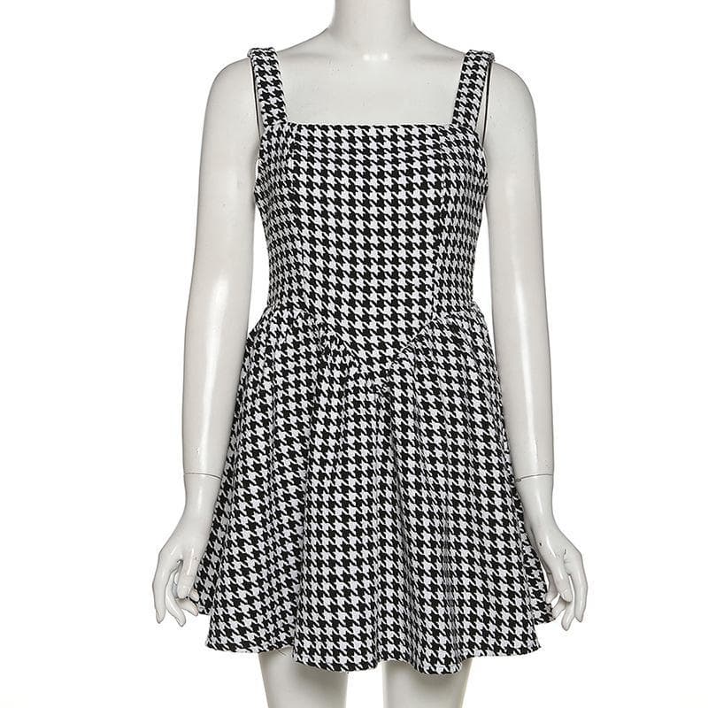 Square Neck Sleeveless Houndstooth Fit and Flare Mini Dress