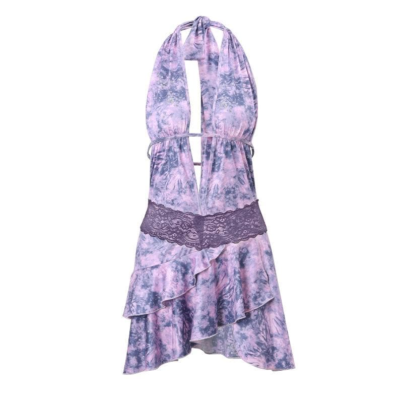 Halter Deep V Neck Lace Waist Ruffle Skirt Tie Dye Mini Dress