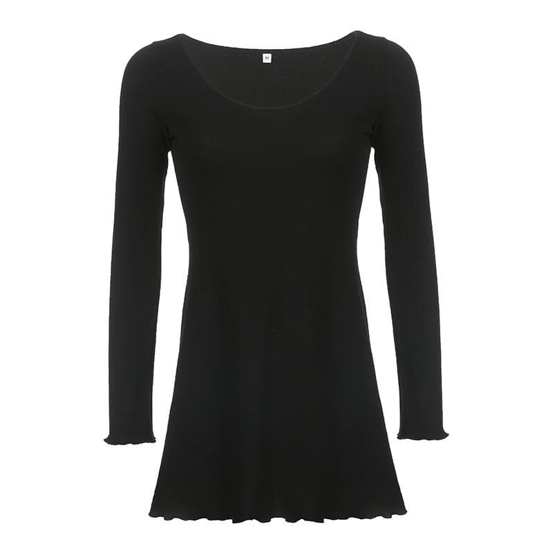 Rib Knit Scoop Neck Long Sleeve Lettuce Hem Ruffle Mini Dress