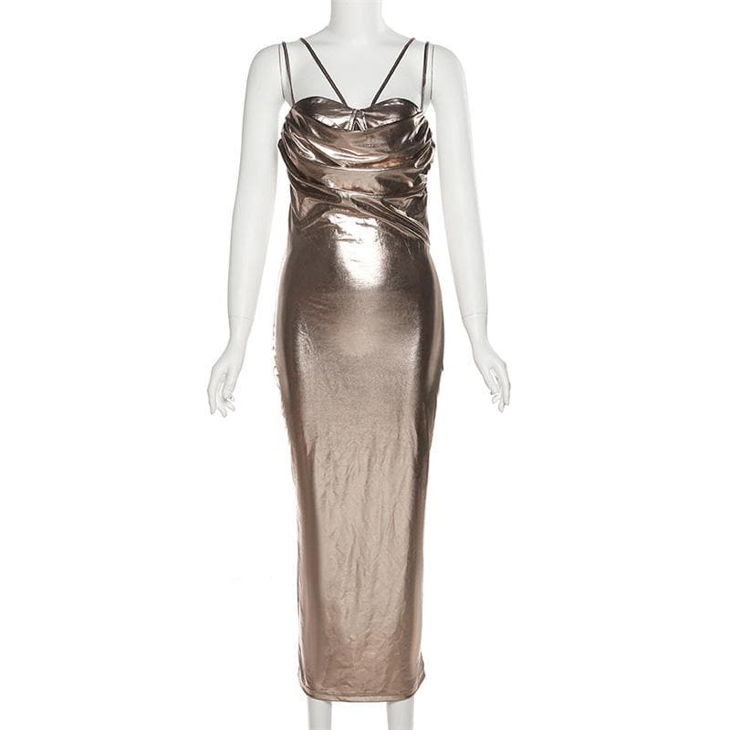 Metallic Sweetheart Ruched Spaghetti Strap Backless Maxi Dress