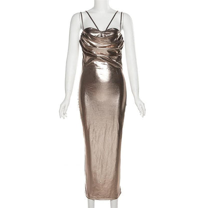 Metallic Sweetheart Ruched Spaghetti Strap Backless Maxi Dress