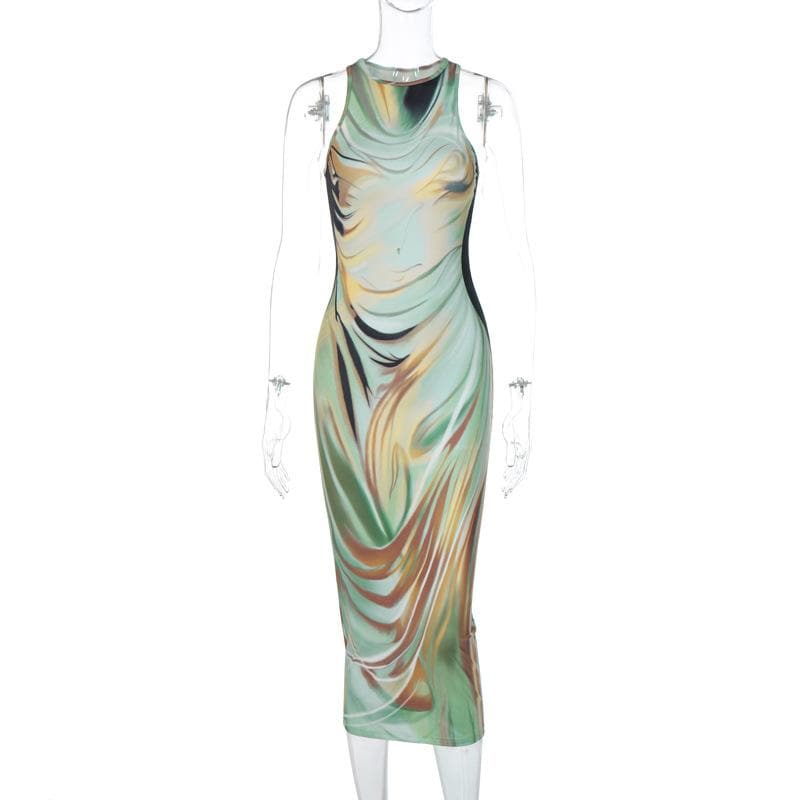 Crewneck Abstract Swirl Body Contour Print Maxi Dress