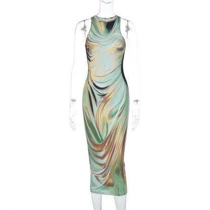 Crewneck Abstract Swirl Body Contour Print Maxi Dress