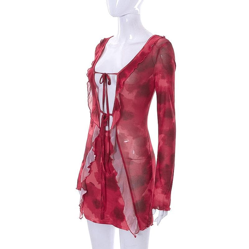Sheer Mesh Long Sleeve Tie Front Ruffled Overlay Mini Dress Set