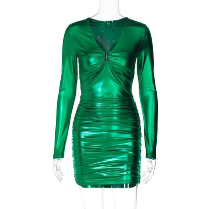 Metallic Ruched Deep V Long Sleeve Bodycon Mini Dress