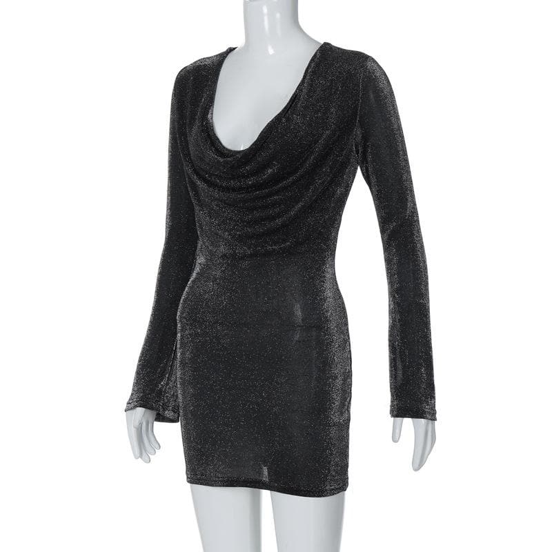 Cowl Neck Long Sleeve Metallic Knit Bell Cuff Bodycon Mini Dress