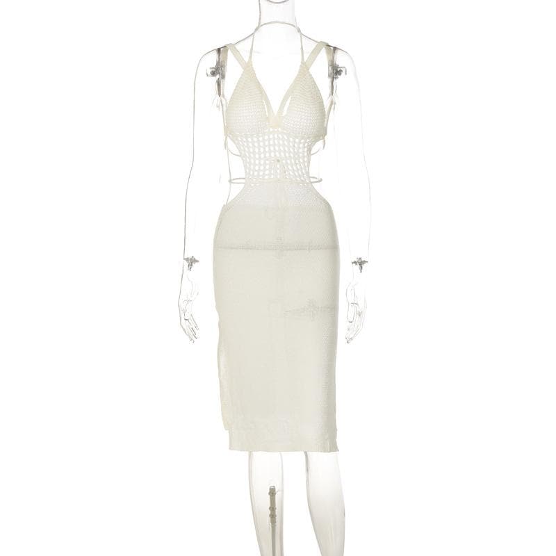 Halter V Neck Side Cutout Backless Self Tie Midi Dress