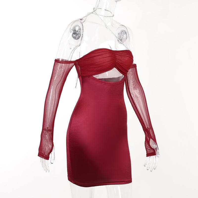Mesh Ruched Halter Chain Neck Cutout Mini Dress with Detached Sleeves Set