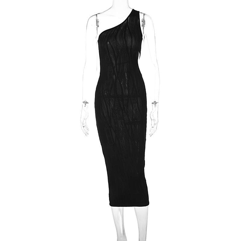 One Shoulder Crinkle Texture Side Cutout Bodycon Maxi Dress