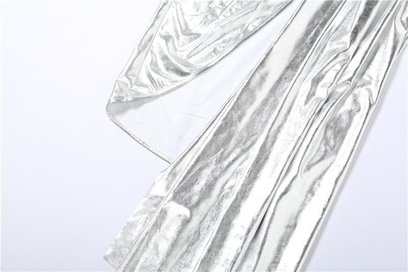 One Shoulder Metallic Ruched Side Cutout Draped Panel High Slit Maxi Dress