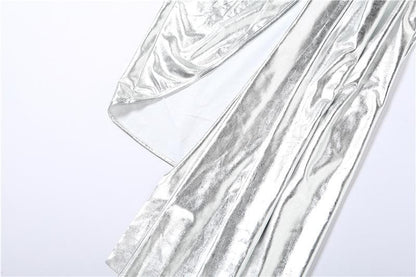 One Shoulder Metallic Ruched Side Cutout Draped Panel High Slit Maxi Dress
