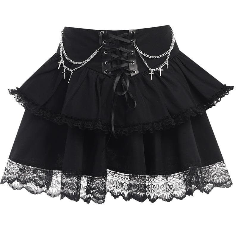 Ruched Lace Hem Chain Detail Lace Up Tiered Mini Skirt
