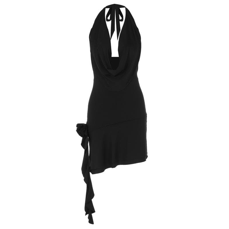 Cowl Neck Halter Ruffle Trim Side Cascade Backless Mini Dress