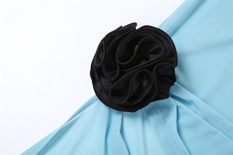 Halter Deep V-Neck Lace Waistband Flower Applique High-Low Train Maxi Dress