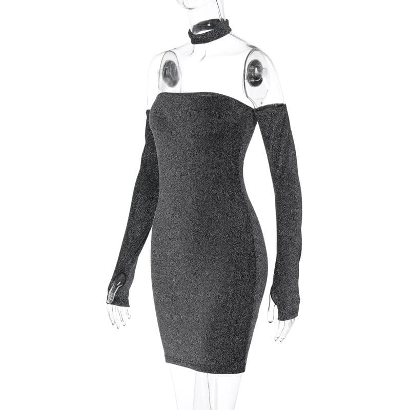 Strapless Glitter Tube Detached Sleeve Thumbhole Choker Mini Dress Set